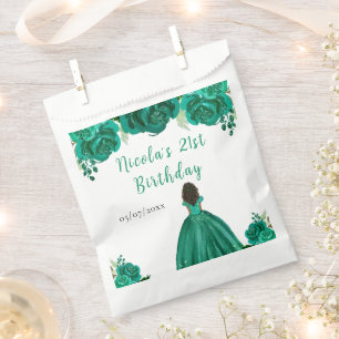 Dark Skin Princess Green Floral Birthday Party Favour Bags