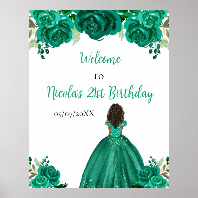 Dark Skin Princess Green Floral Birthday Welcome Poster (Front)