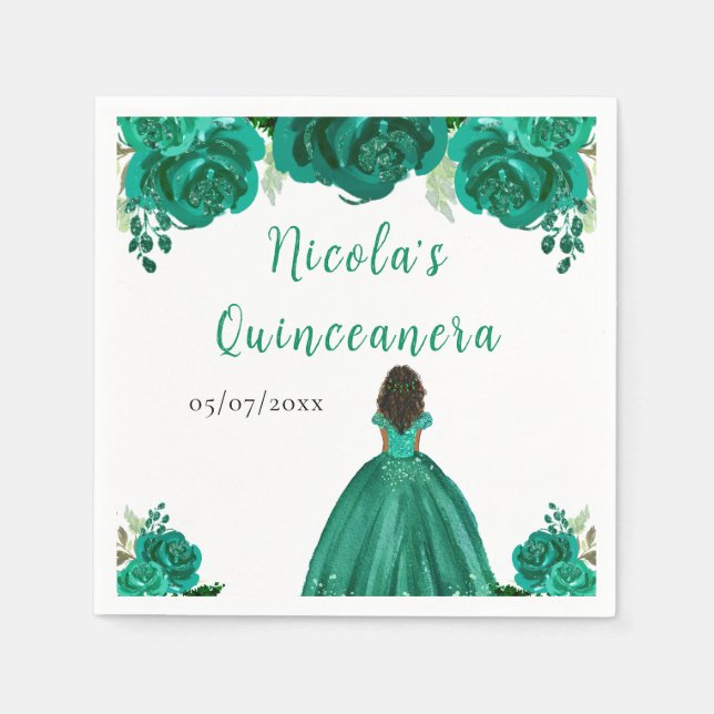 Dark Skin Princess Green Floral Quinceanera Napkin (Front)