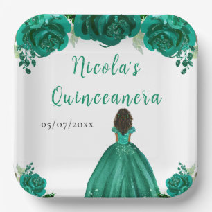 Dark Skin Princess Green Floral Quinceanera Paper Plate