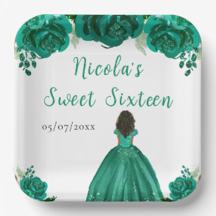 Dark Skin Princess Green Floral Sweet Sixteen Paper Plate