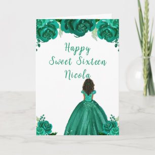 Dark Skin Princess Green Sweet Sixteen Card