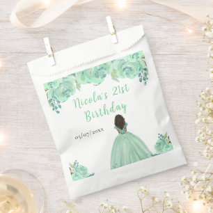 Dark Skin Princess Mint Floral Birthday Party Favour Bags