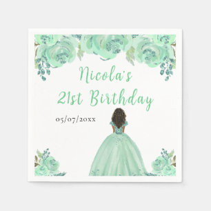 Dark Skin Princess Mint Floral Birthday Party Napkin