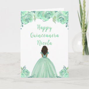 Dark Skin Princess Mint Floral Quinceanera Card