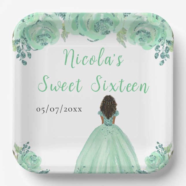 Dark Skin Princess Mint Floral Sweet Sixteen Paper Plate (Front)