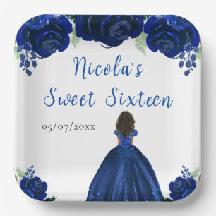 Dark Skin Princess Navy Blue Floral Sweet Sixteen Paper Plate