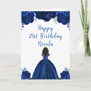 Dark Skin Princess Navy Floral Birthday Party Card