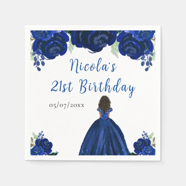 Dark Skin Princess Navy Floral Birthday Party Napkin (Front)