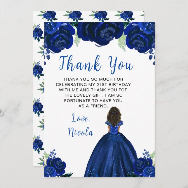 Dark Skin Princess Navy Floral Birthday Party Thank You Card (Front/Back)