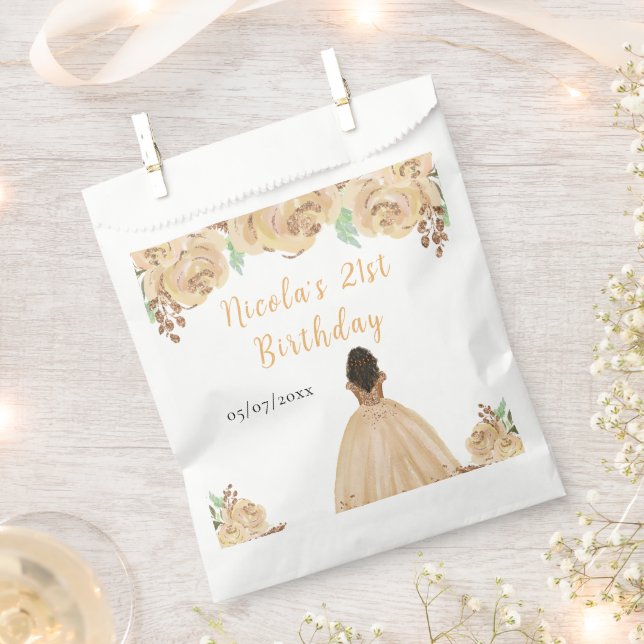 Dark Skin Princess Peach Floral Birthday Party Favour Bags (Clipped)