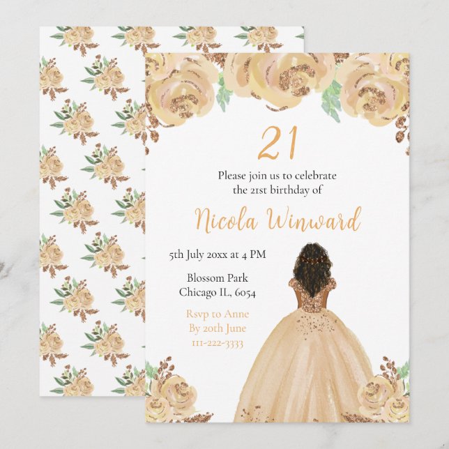 Dark Skin Princess Peach Floral Birthday Party Invitation (Front/Back)