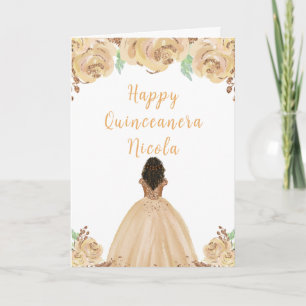 Dark Skin Princess Peach Floral Quinceanera Card