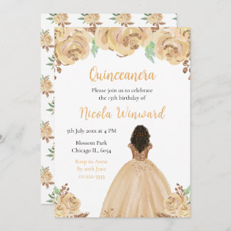 Dark Skin Princess Peach Floral Quinceanera Invitation