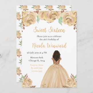 Dark Skin Princess Peach Floral Sweet Sixteen Invitation