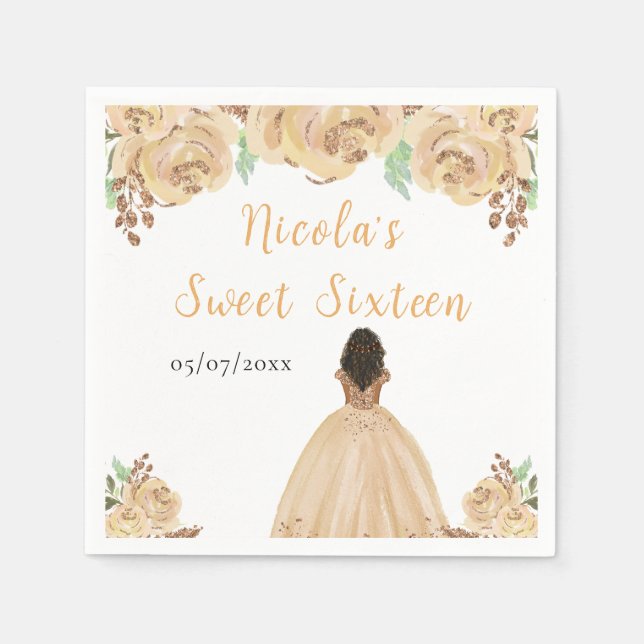Dark Skin Princess Peach Floral Sweet Sixteen Napkin (Front)