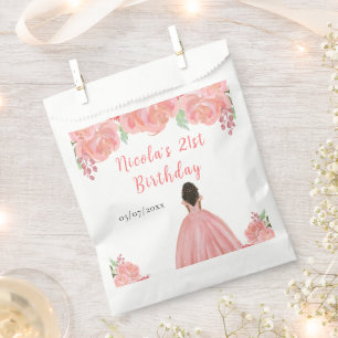 Dark Skin Princess Pink Floral Birthday Party Favour Bags