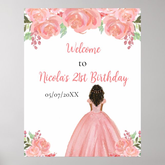 Dark Skin Princess Pink Floral Birthday Welcome Poster (Front)