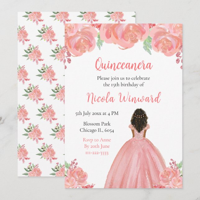 Dark Skin Princess Pink Floral Quinceanera Invitation (Front/Back)