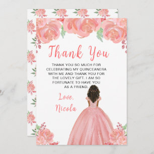 Dark Skin Princess Pink Floral Quinceanera Thank You Card