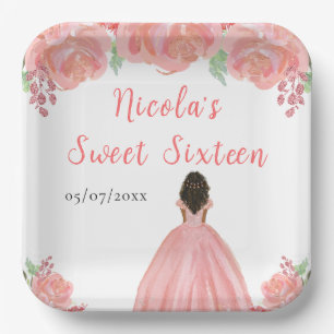 Dark Skin Princess Pink Floral Sweet Sixteen Paper Plate