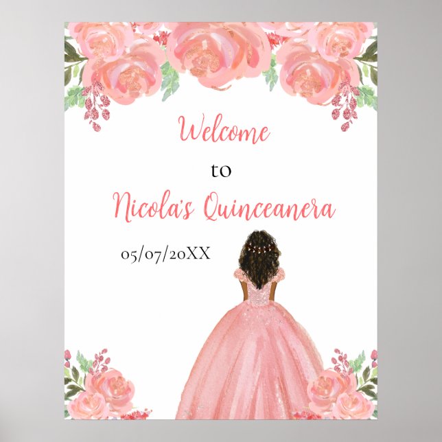 Dark Skin Princess Pink Quinceanera Welcome Poster (Front)