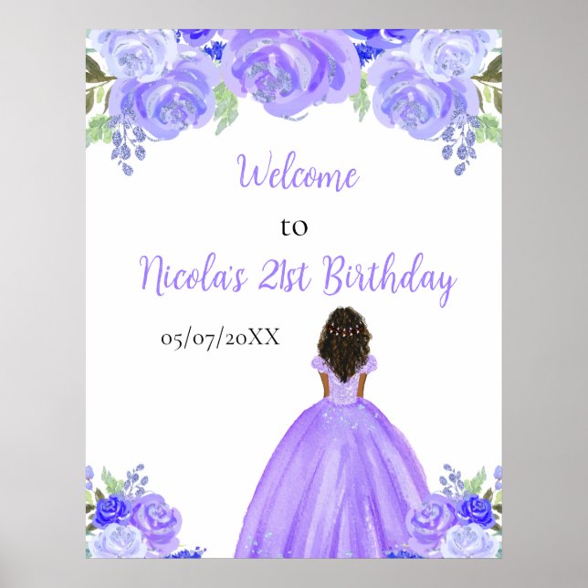 Dark Skin Princess Purple Floral Birthday Welcome Poster (Front)