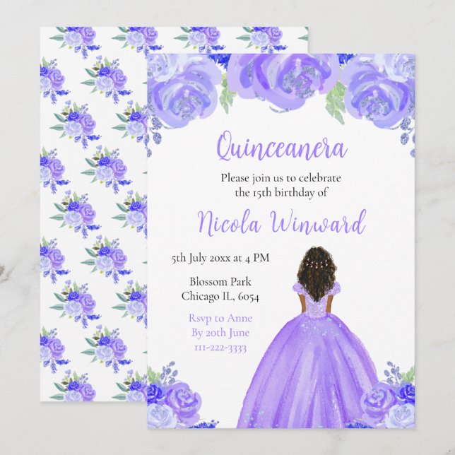 Dark Skin Princess Purple Floral Quinceanera Invitation (Front/Back)