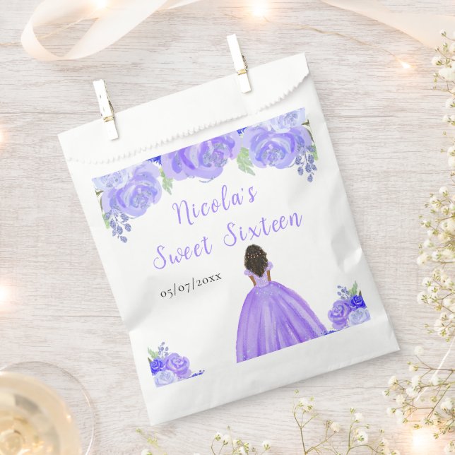 Dark Skin Princess Purple Floral Sweet Sixteen Favour Bags (Clipped)