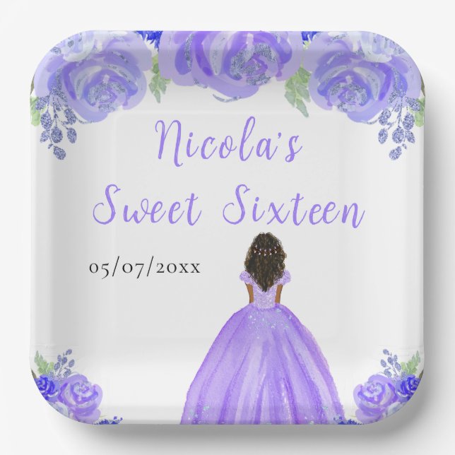 Dark Skin Princess Purple Floral Sweet Sixteen Paper Plate (Front)