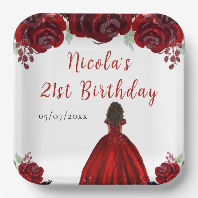 Dark Skin Princess Red Floral Birthday Paper Plate (Front)