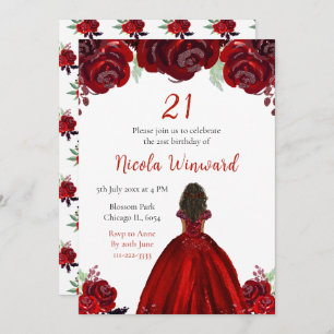 Dark Skin Princess Red Floral Birthday Party Invitation