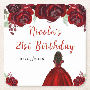 Dark Skin Princess Red Floral Birthday Square Paper Coaster