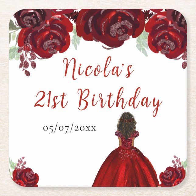 Dark Skin Princess Red Floral Birthday Square Paper Coaster (Front)