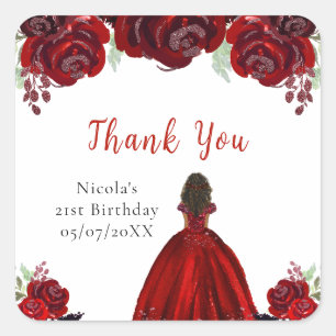 Dark Skin Princess Red Floral Birthday Square Sticker