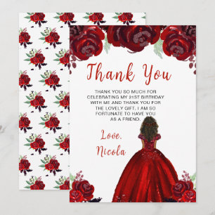 Dark Skin Princess Red Floral Birthday Thank You Card