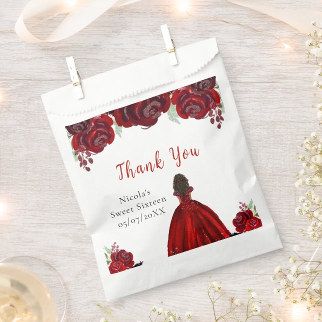 Dark Skin Princess Red Floral Sweet Sixteen Favour Bags (Clipped)