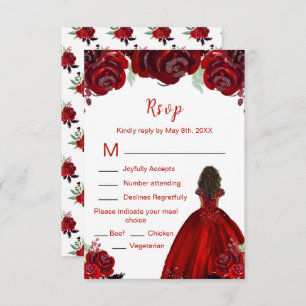 Dark Skin Princess Red Floral Sweet Sixteen RSVP Card