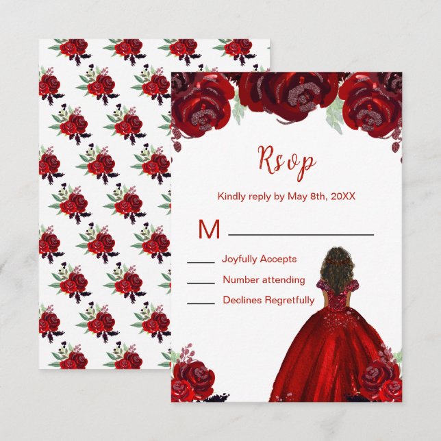 Dark Skin Princess Red Floral Sweet Sixteen RSVP Card (Front/Back)