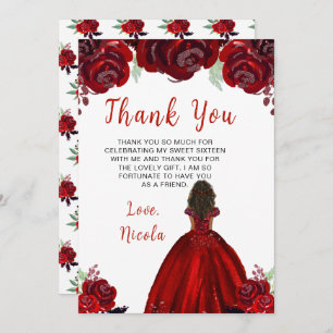 Dark Skin Princess Red Floral Sweet Sixteen Thank You Card