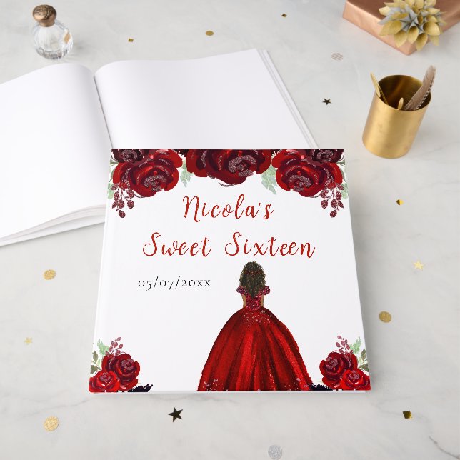 Dark Skin Princess Red Sweet Sixteen Guest Book (Front Open)