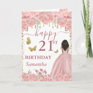 Dark Skin Princess Rose Gold Dress Birthday Card