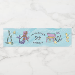 Dark Skin Purple Mermaid Birthday Water Bottle Label