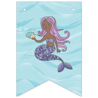 Dark Skin Purple Mermaid Under the Sea Birthday Bunting