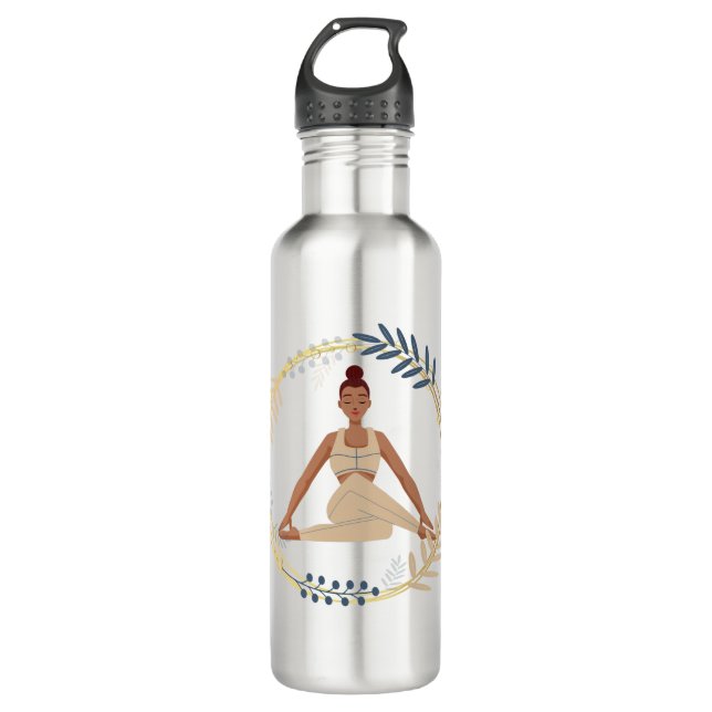 Dark skin woman yoga pose spiritual golden flower  710 ml water bottle (Front)