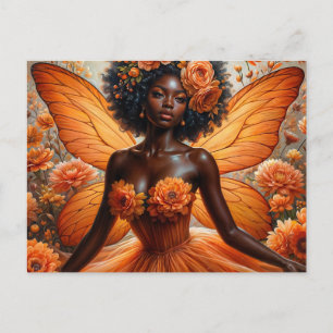 Dark-Skinned Fairy With Afro - Orange Floral Postcard