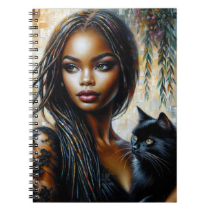 Dark-Skinned Woman With Black Cat Notebook