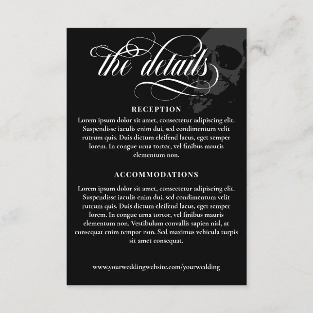 Dark Skull Elegant Goth Wedding Details Enclosure Card (Front)