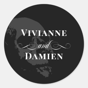 Dark Skull Elegant Goth Wedding Names Classic Round Sticker