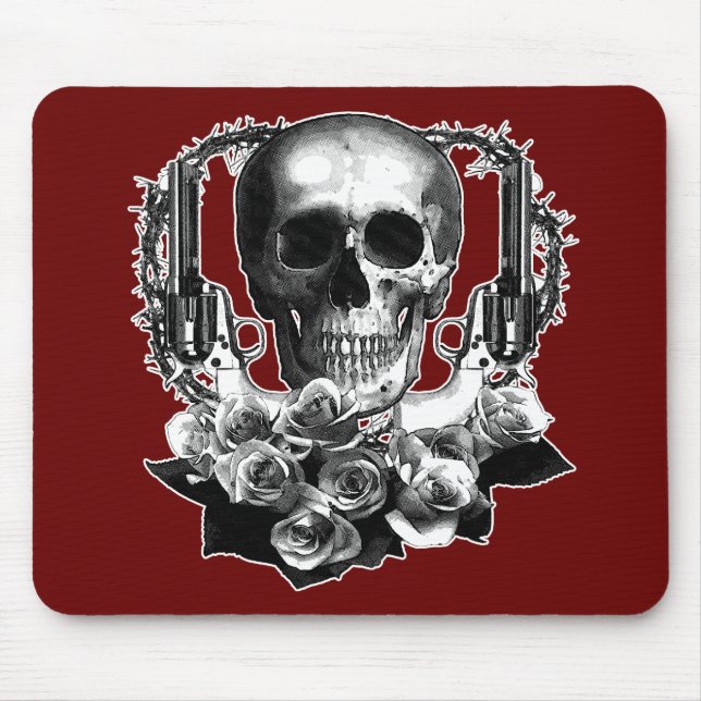 Dark- Skull Guns and Roses Black and White Mouse Pad (Front)